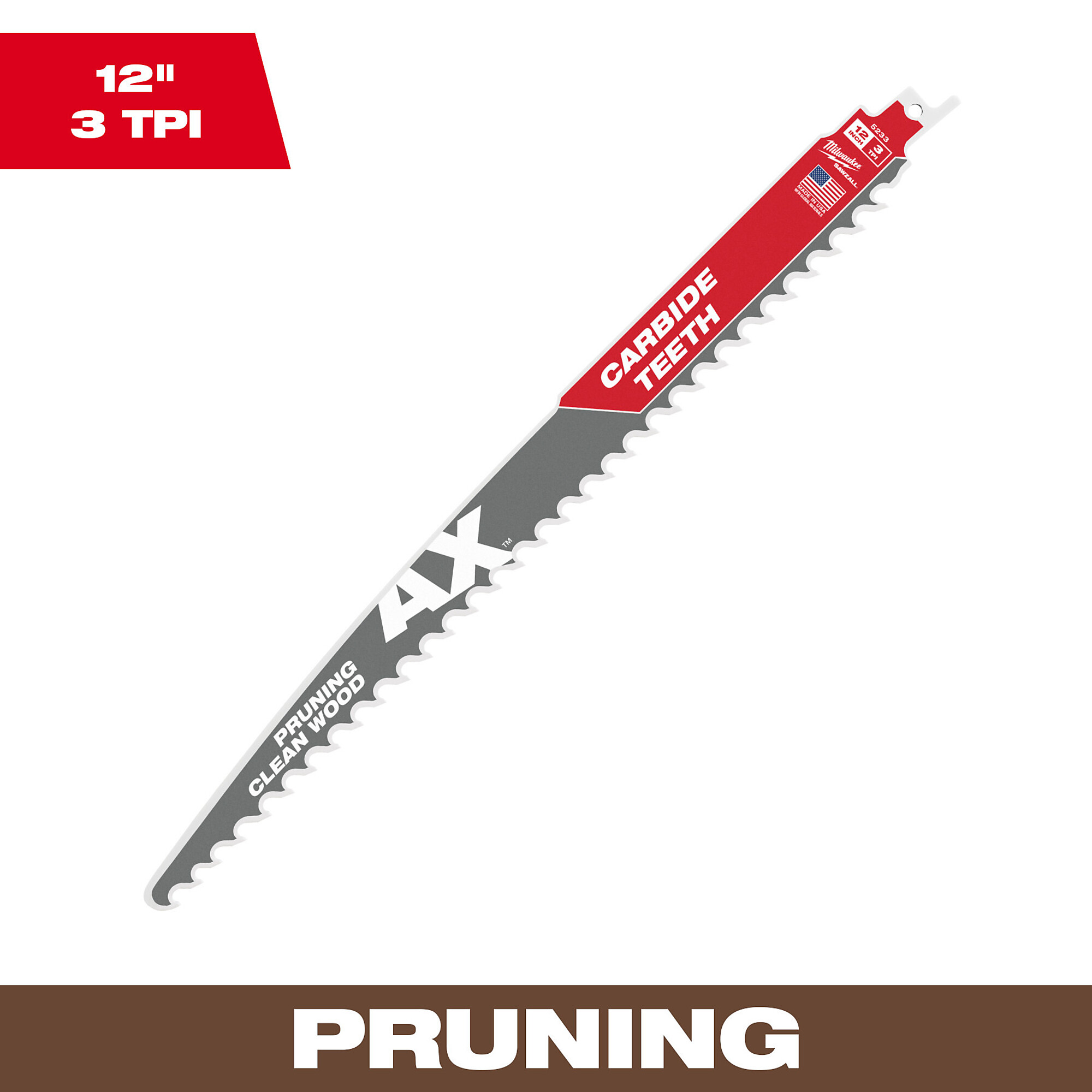 Milwaukee AX with Carbide Teeth for Pruning Clean Wood Sawzall Blades, 12in.L, 3 TPI, Model# 48-00-5233